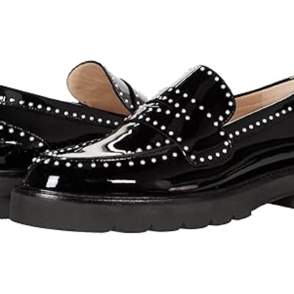 Stuart Weitzman Black Patent Leather Loafers with Studded Platform